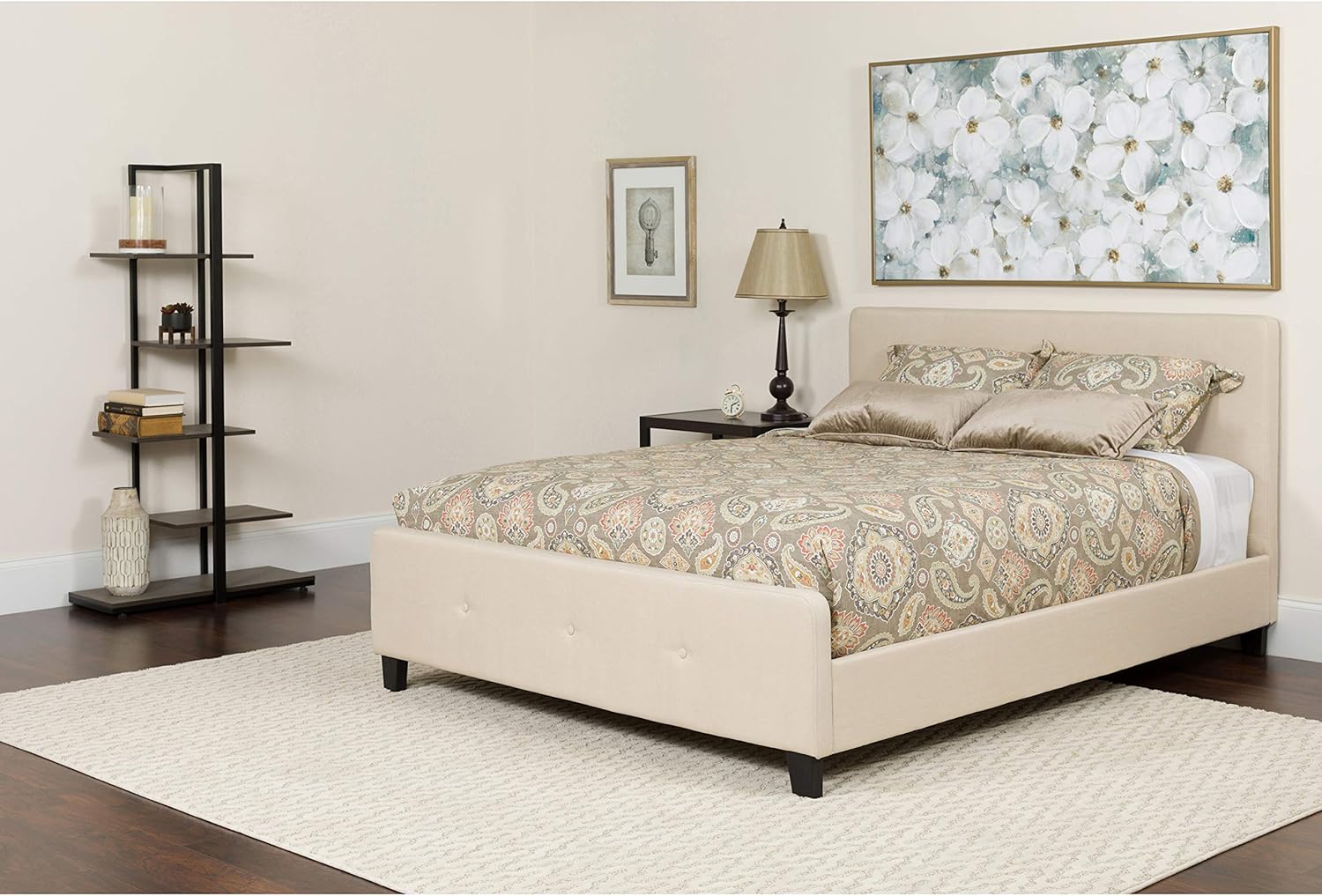 Flash Furniture Tribeca Queen Size Tufted Upholstered Platform Bed in Beige Fabric with Memory Foam Mattress