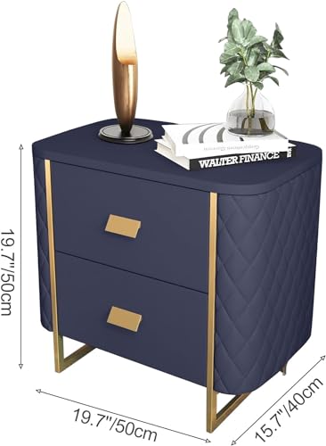 2 Drawermid Century Modern Nightstand, Luxurious Solid Color Minim Alist Noght Stand, Gold Stainless Bracket, Sofa Side Table for Living Room - Solid Wood No Assembly Required (Navy Blue)