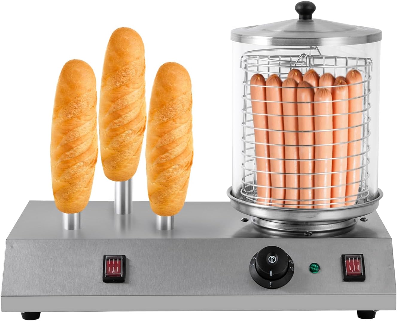 Electric Hot Dog Steamer & Bun Warmer Steamer Stainless Steel Portable Commercial Hot Dog Machine with Bun Warmer for Hot Dogs Sausages 86-230℉ 19.72x10.94x14.57in
