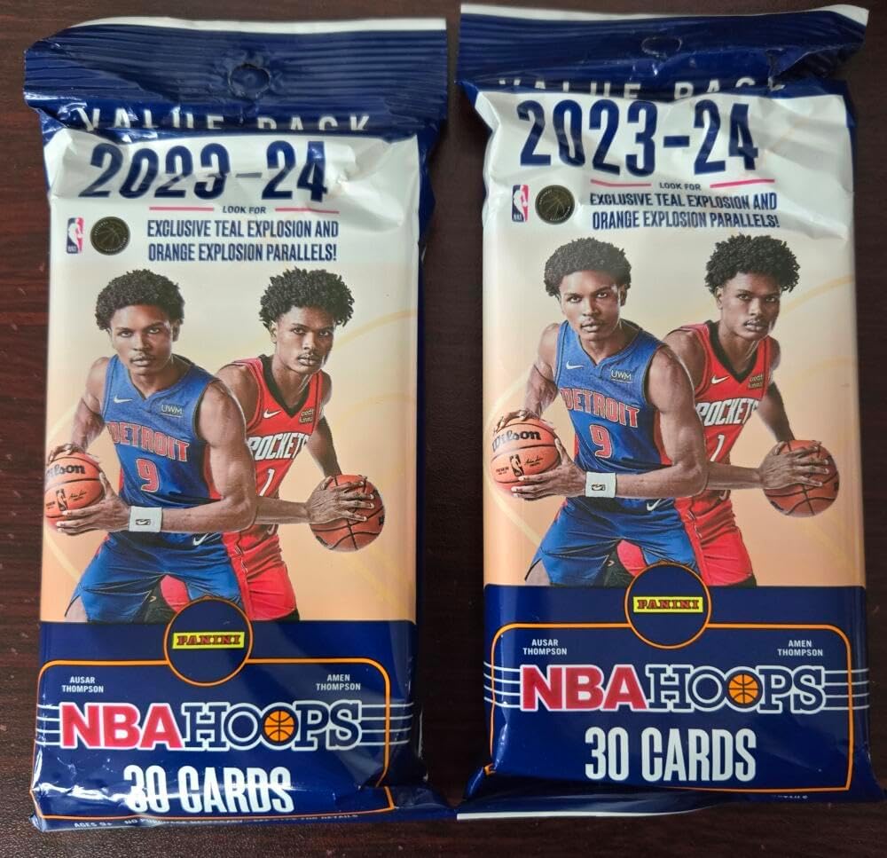 Lot of TWO 2023-24 Panini NBA Hoops Basketball Value Cello Factory Sealed Packs 60 Cards (30 Cards Per Pack). Made by Panini America. Retail Exclusive Inserts Look for Rare Value Pack Exclusive Parallels Look for Rookie Cards of Ausar Thompson, Amen 