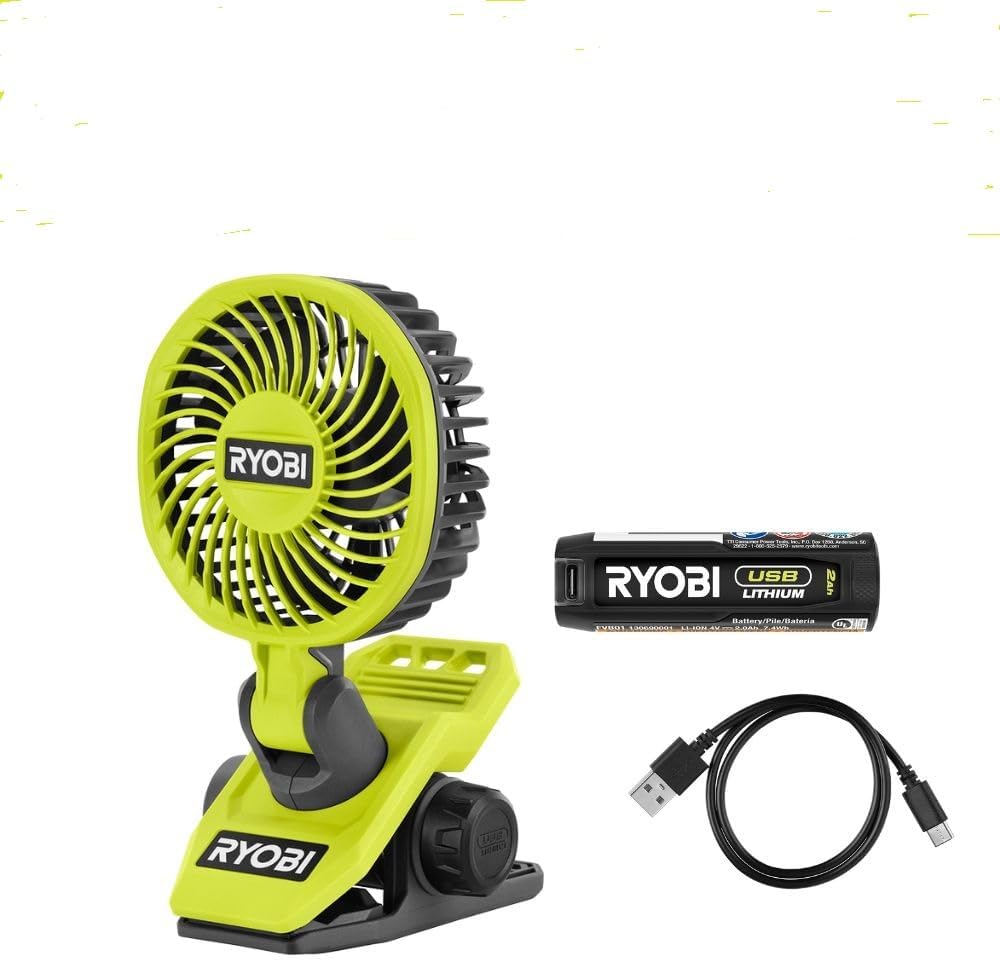 RYOBI USB Lithium Clamp Fan Kit with 2.0 Ah USB Lithium Battery and Charging Cable, GREEN