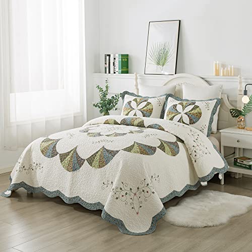 KASENTEX Authentic 100% Cotton Easy-Clean Decorative Bedspread with Floral Patchwork Coverlet, Soft & Oversized Quilt Bedding for Better Coverage, Full/Queen 90x96, Diamond Motif Blue/Ivory