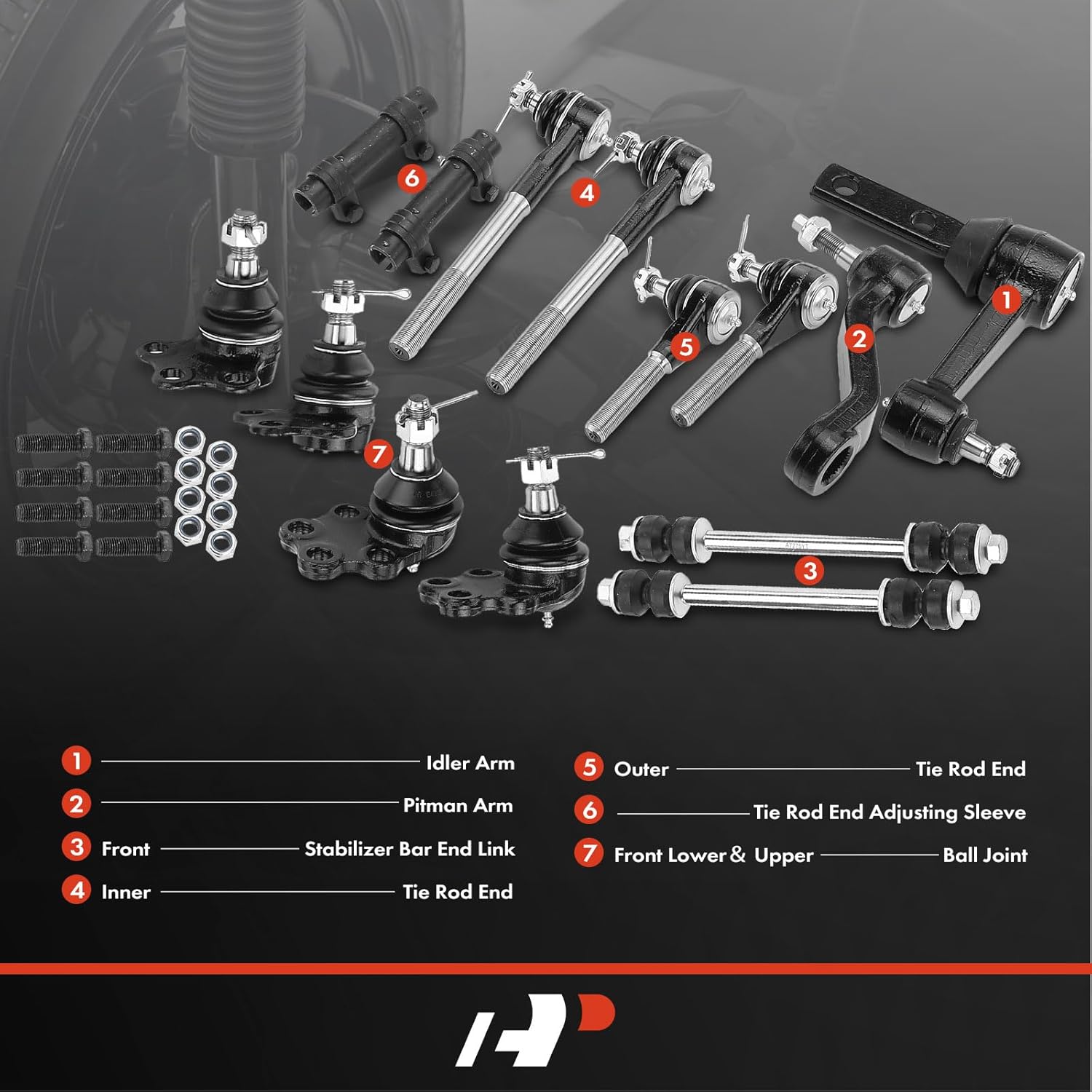 A-Premium Set of 14, Front Upper Lower Ball Joint, Sway Bar Link, Inner Outer Tie Rod End, Pitman Arm, Idler Arm, Compatible with Dodge Ram 1500 2000-2001, RWD Only