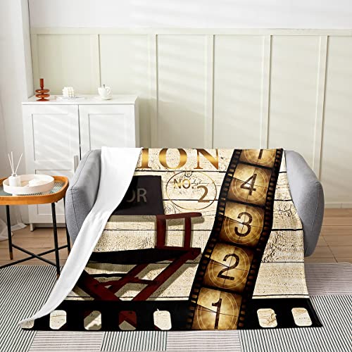 Vintage Cinema Movie Theater Flannel Fleece Blanket Cinema Poster Plush Throw Blanket, for Boys Girls Rustic Wooden Old Fashion Home Decor Chair All Season,Bed Blanket Room Decor Throw 50