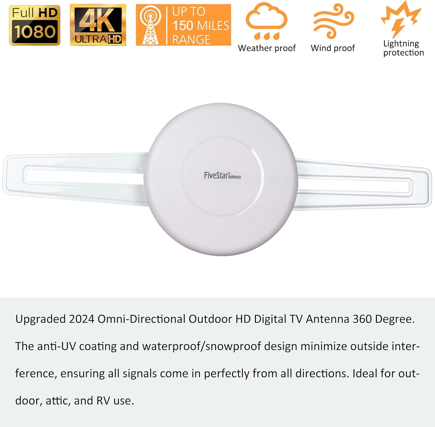 Five Star Upgraded 2024 Omni-Directional Outdoor HD Digital TV Antenna 360 Degree,4TVs Installation Kit for Attic or Outdoor, Weather Resistant, Supports ATSC 3.0 and 4K 1080P HD Smart TV VHF UHF