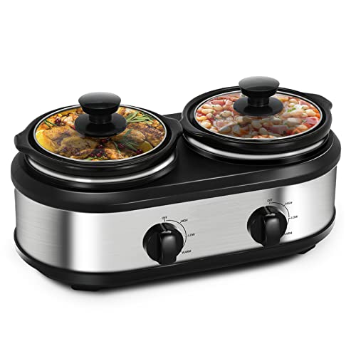 Triple Slow Cooker, 3 X 1.5QT Mini Individual Pots with Adjustable Temp, Dishwasher Safe, Portable Buffet Server and Warmer, Safe Ceramic Pots & Glass Lid, Stainless Steel