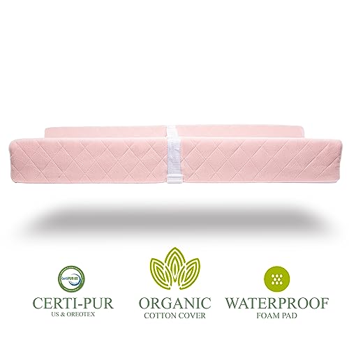 Organic Cotton Contoured Baby Changing Pad w/Waterproof Foam Mattress, includes Soft, Removable & Washable Cover, Safety Strap, Non-Slip Bottom, Topper for Standard Size Infant Diaper Table & Dresser