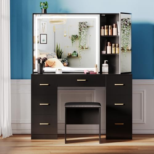 Pink Makeup Vanity Desk with Mirror and Lights for Girls,Makeup Vanity with 7 Drawers and Cushioned Stool,Adjustable Brightness,Bedroom Dressing Table