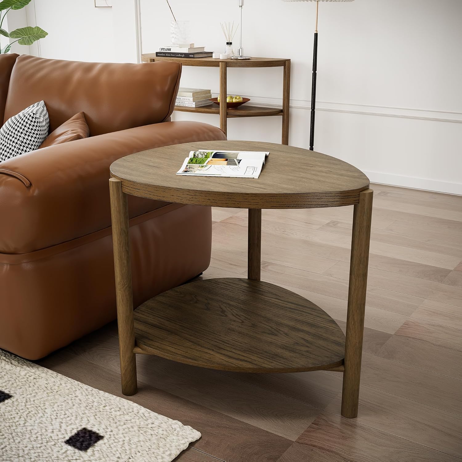 Wooden Side Table with Two-Tier Storage, Elegant Teardrop Shape End Table with Three Solid Wood Legs, Modern Design Bedside Tables for Couch, Living Room, Dedroom and Study Room BZT777LT