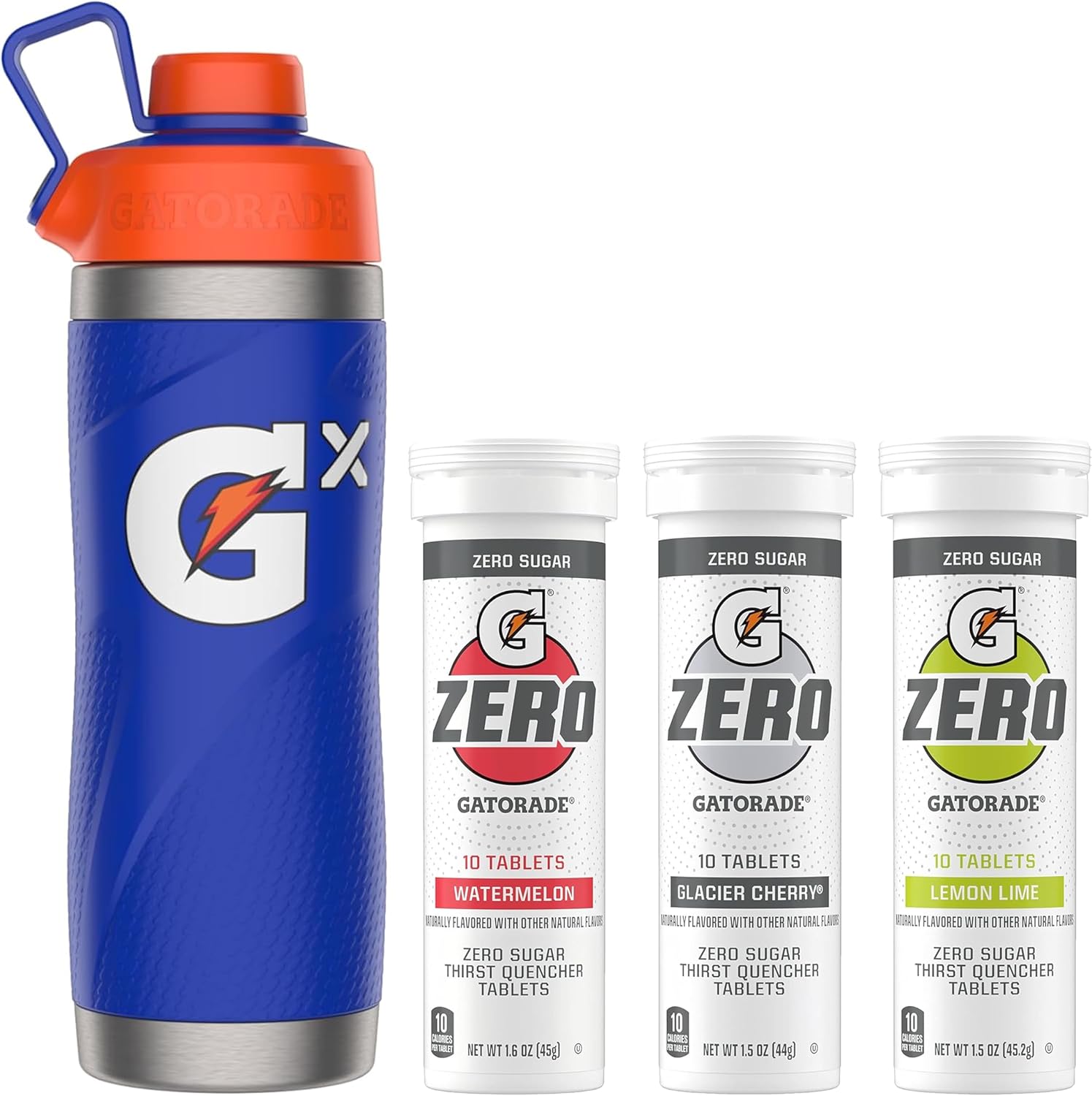 Bundle of Gatorade Gx Stainless Steel Bottle, Blue, 32oz and Gatorade Zero Tablets Variety Pack, Pack of 40