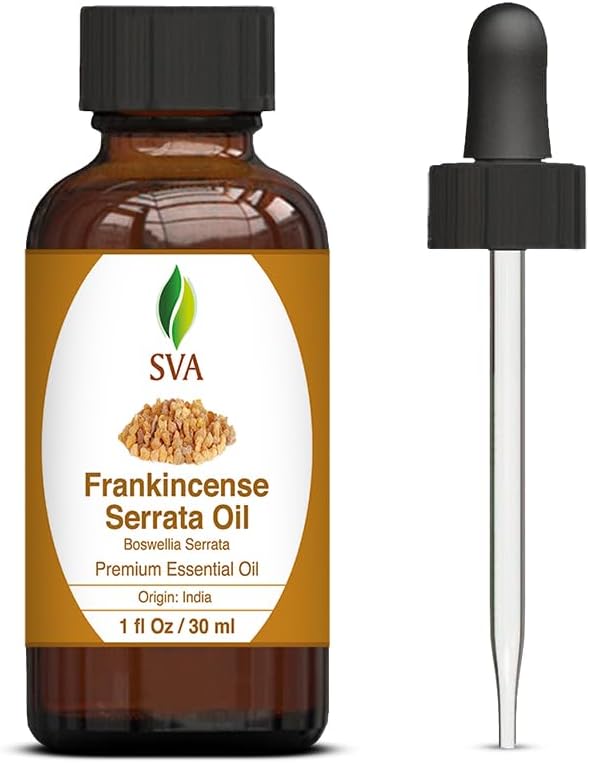 SVA Frankincense Essential Oil 1oz (30ml) Boswellia Serrata Premium Essential Oil with Dropper for Diffuser, Aromatherapy, Hair Care and Skin Massage