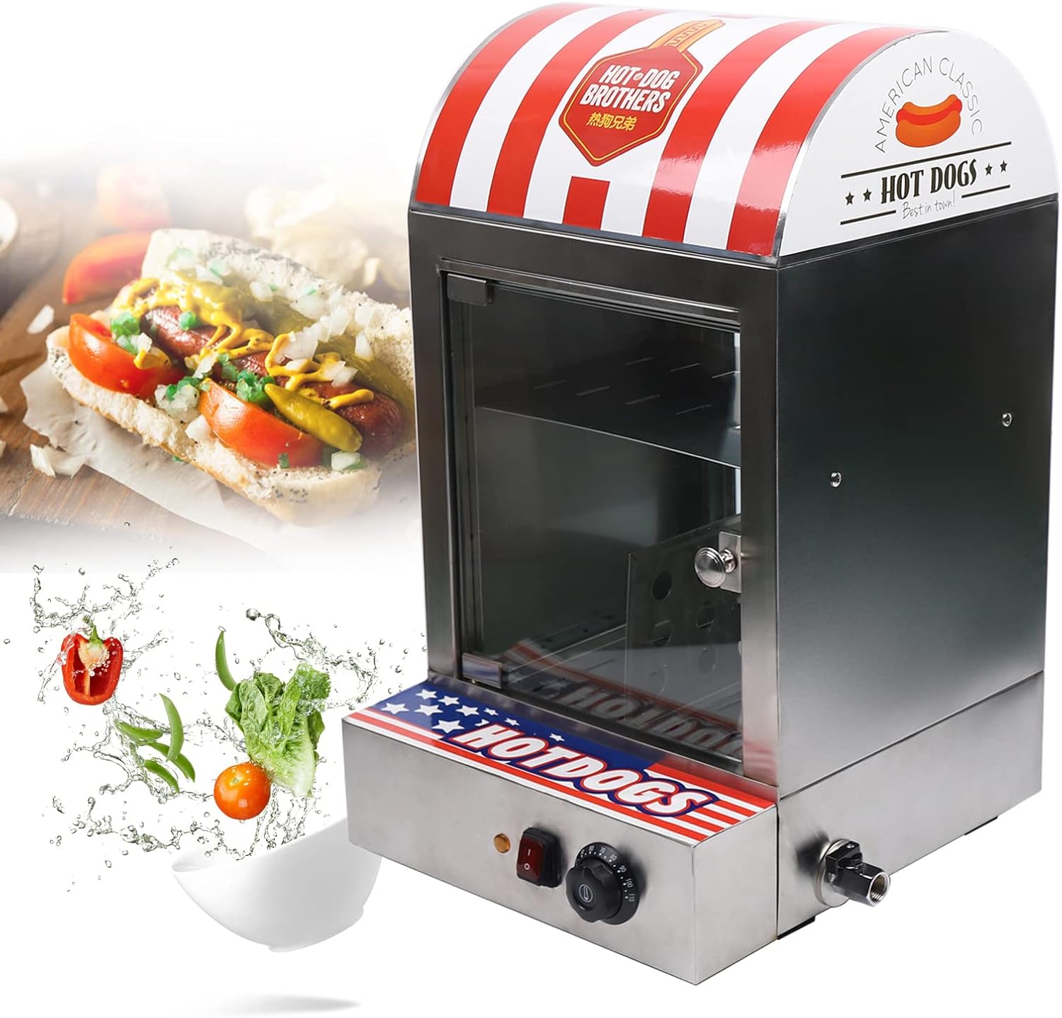 Hot Dog Steamer Machine, 110V 1500W 30-110℃/86-230℉ 2-Tier Commercial Top Load Hot Dog Hut Steamer, Stainless Steel Electric Bun Bread Sausage Warmer with Glass Windows and Partition Plate Shelves
