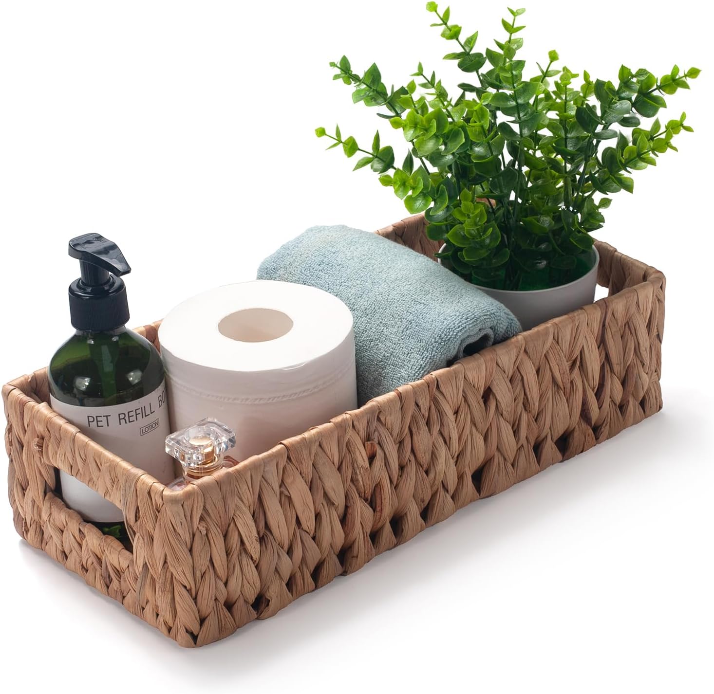 Toilet Paper Basket for Back of Toilet Water Hyacinth Long Narrow Wicker Bathroom Storage Basket with Built-in Handles 14.2 x 6.5 x 3.7 inch