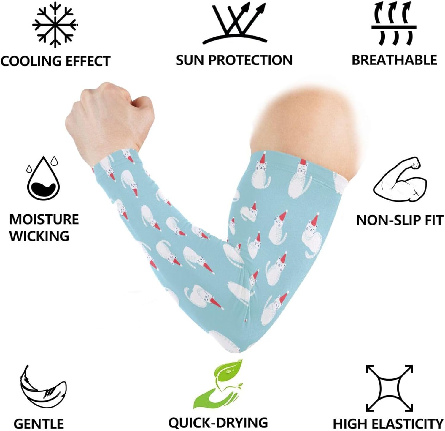 ZZKKO Merry Christmas Cat Cooling Arm Sleeves Cover Uv Sun Protection for Men Women Running Golf Cycling Arm Warmer Sleeves 1 Pair