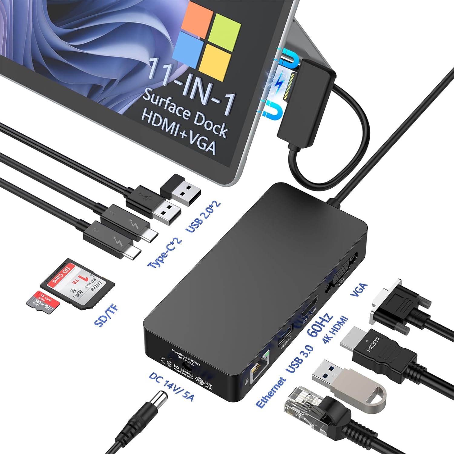 New Microsoft Surface Dock 2, 11 in 1 Surface Docking Station with 4K@60HZ HDMI+VGA,Ethernet,USB-C/USB-A,SD/TF,60W Power Supply for Surface Pro 10/9/8/X/7/6/5/4/3, Laptop Go, Laptop 6-1, Surface Book