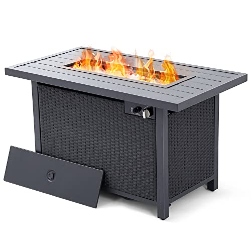 Fire Pit Table,HAPPATIO 42inch 50000 BTU Propane Fire Pit with Mental Fence Table Top, Lid, Transparent Lava Glass, CSA Safety Certified for Patio Balcony Backyard (Black)