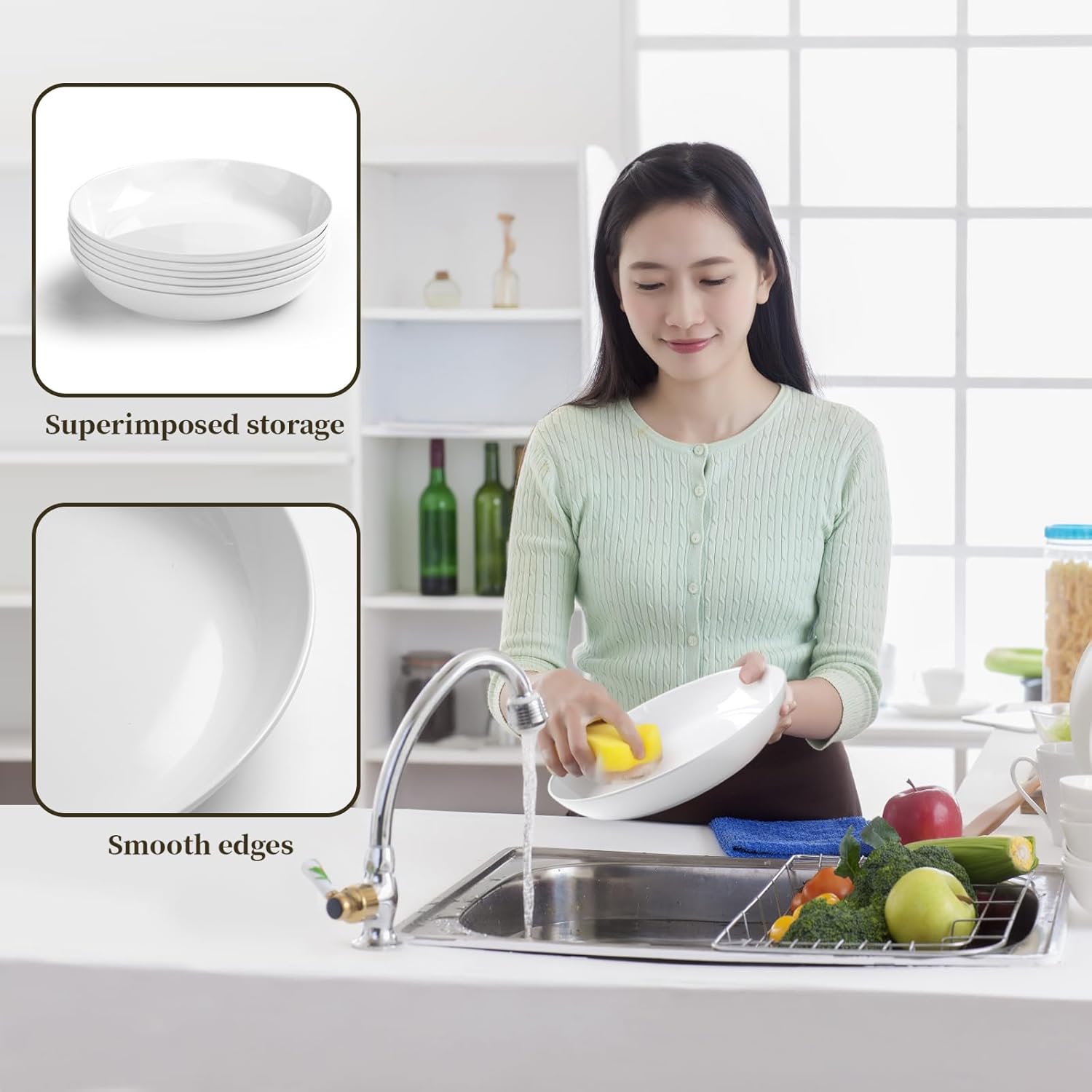 Melamine salad Bowls Set - 46 oz/10 inch 100% Melamine Soup/Salad Bowls | set of 6, White， BPA Free,snack