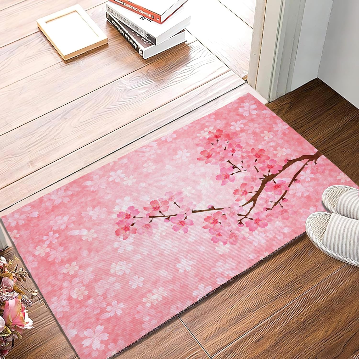 Pink Cherry Blossoms Door Entrance Mat Easy Clean Mat Outdoor Home Decor for Kitchen Bathroom Garage 16X24Inch