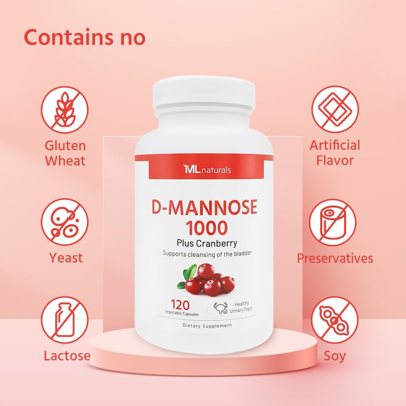 D-Mannose 1000 mg, Cranberry 2500 mg/serving, 120 Vegetable Capsule. Healthy urinary system, All-Natural, and Non-GMO.