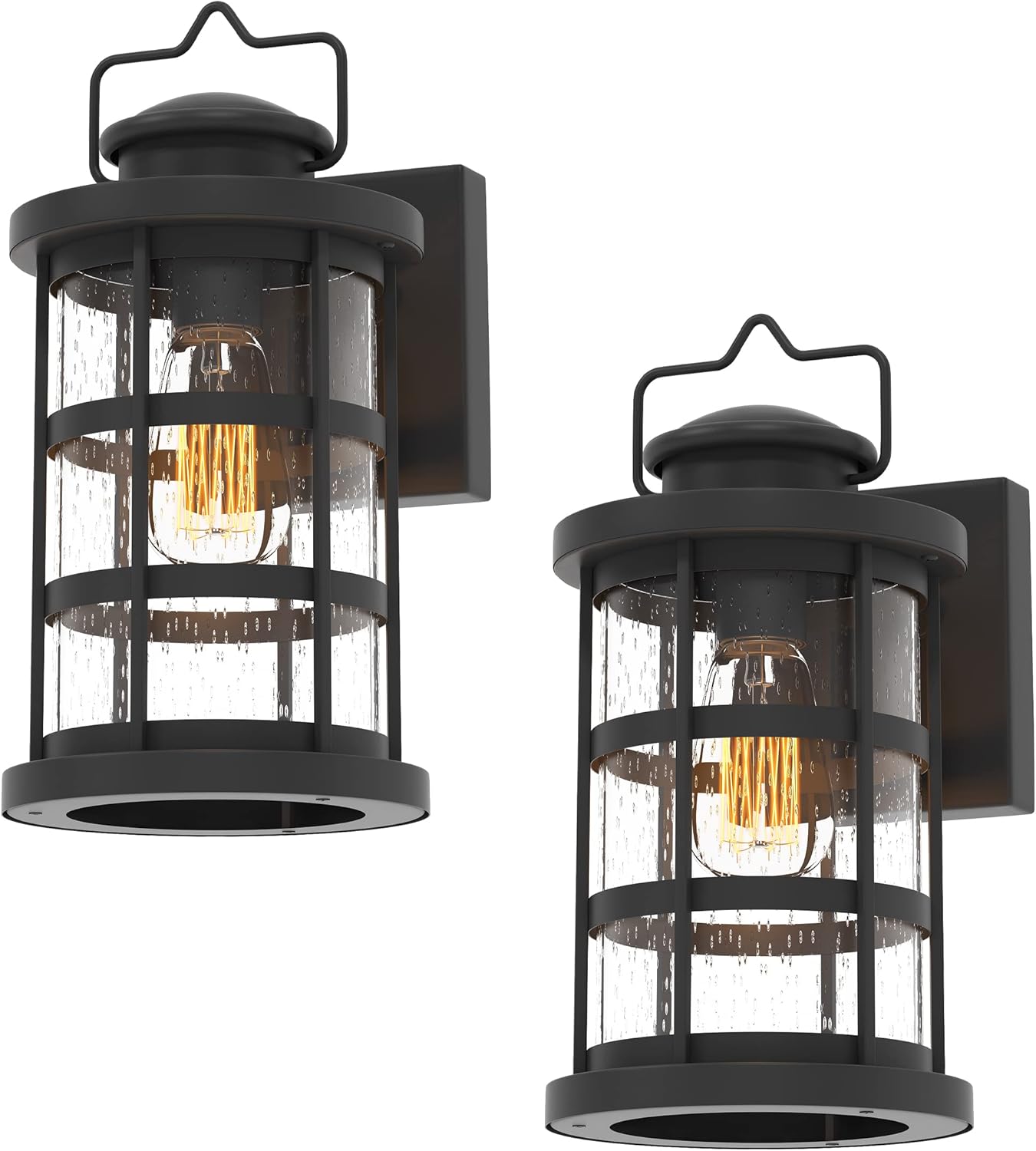 Inlight 12 1/2‘’ High Black Finish and Seeded Glass Outdoor Craftsman Lantern (Set of 2), Bulb Not Included, IN-0604-1-BK