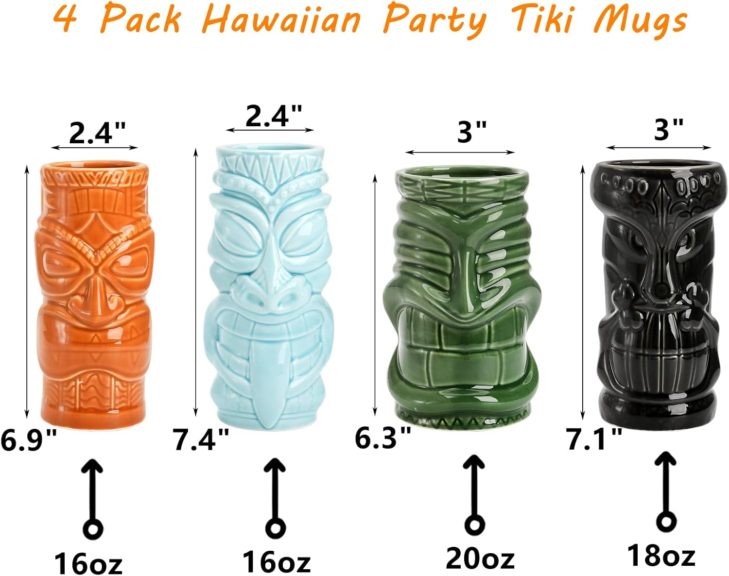 Peohud 4 Pack Ceramic Tiki Mugs, Hawaiian Party Mugs, 20/18/16 Oz Exotic Cocktail Glasses, Tiki Drinking Tumbler Cups for Mai Tai, Pina Colada, Tiki Bar Professional Barware