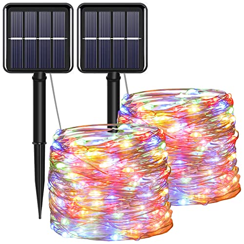 Solar Christmas Halloween String Lights Purple Outdoor Waterproof 100 LED（2 Pack） 8 Modes Copper String Lights Fairy Lights for Valentine's Day Garden, Patio, Fence, Balcony, Outdoors(purple 2pcs）
