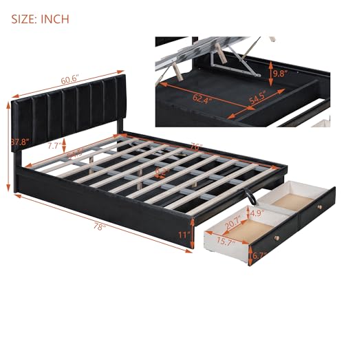 Full Size Tufted Upholstered Platform Hydraulic System and 2 Drawer, Lift Up Storage Bed for Kids Teens Adults Bedroom, White