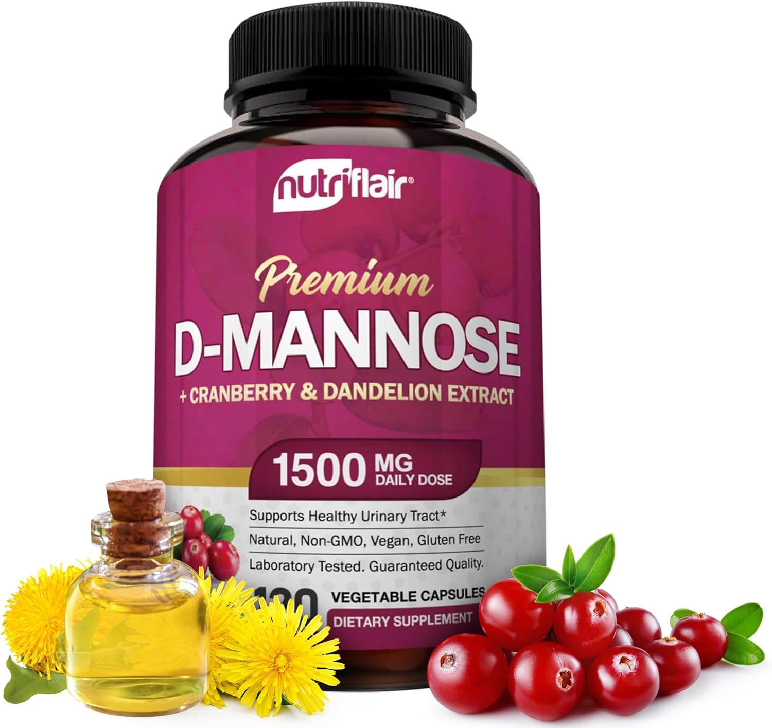 NutriFlair D-Mannose 1500mg, 120 Capsules - with Cranberry and Dandelion Extract - Natural Urinary Tract Health UTI Support - Best D Mannose Powder - Flush Impurities, Detox Body, for Women and Men