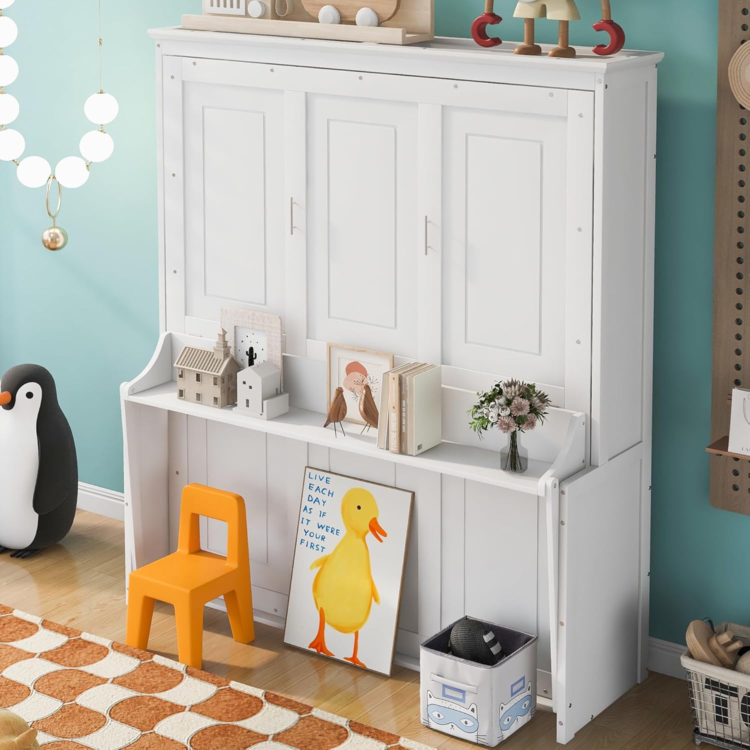 Size Murphy Bed with Storage Shelf, Wood Vertical Wallbed Foldable Bedframe into a Cabinet for Bedroom Guest Room, Queen (U.S. Standard), White