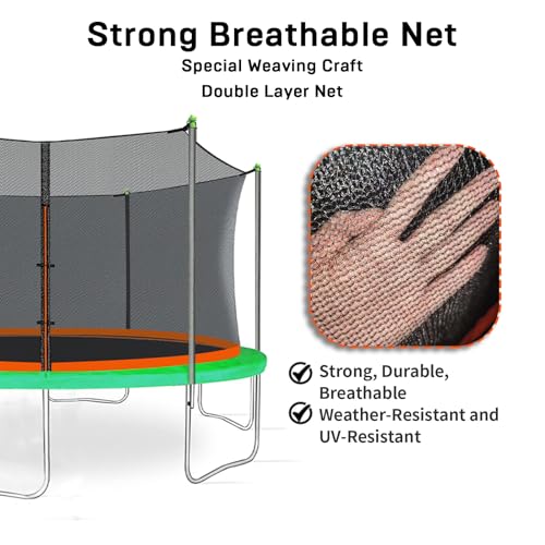 Trampoline Net Replacement with 6 Pole Caps, 12 ft 14 ft 15 ft Trampoline Net Round Safety Trampoline Net UV-Resistant Weather-Resistant Breathable Durable Net(Not Include Poles)