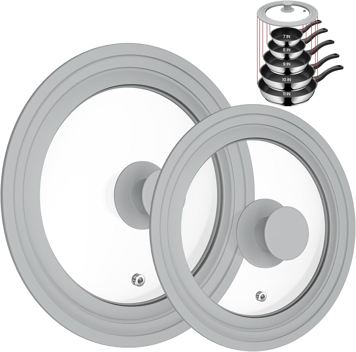 2 Pack Universal Lid for Pots, Pans, and Skillets - Tempered Glass Lid with Silicone Rim Fits All 7 to 11 Inches Diameter Cookware - Frying Pan Cover - Replacement Lid, Grey