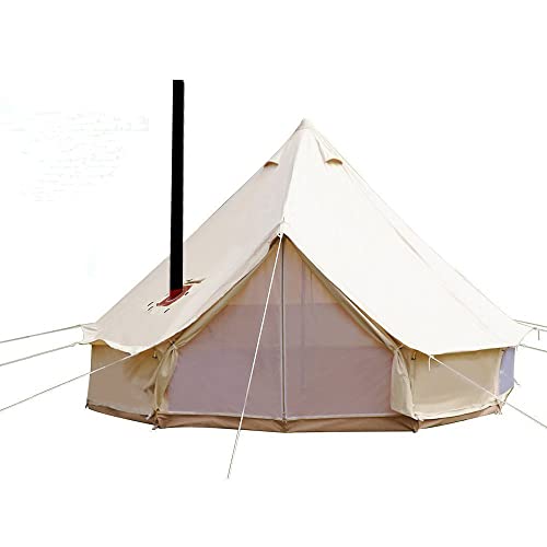 UNISTRENGH 4 Season Large Waterproof Cotton Canvas Bell Tent Beige Glamping Tent with Roof Stove Jack Hole for Camping Hiking Christmas Party