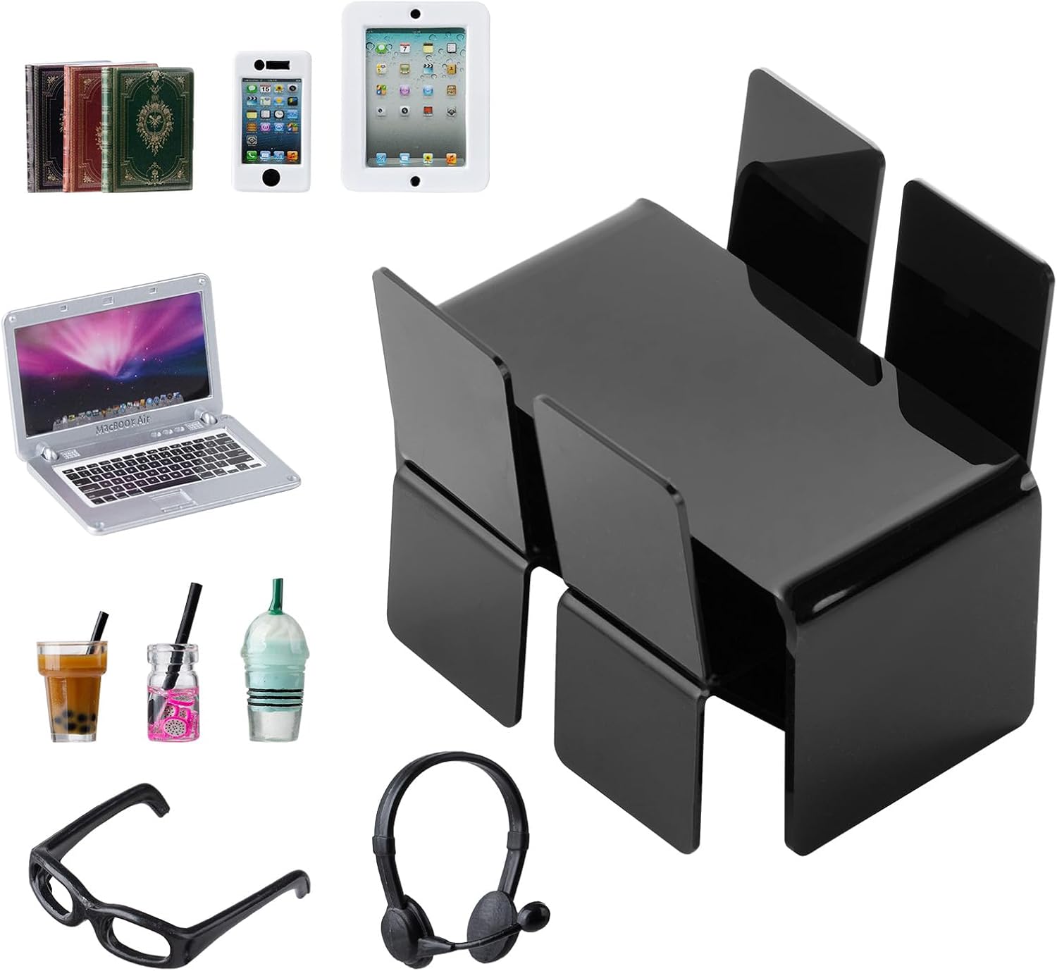 16Pcs Miniature Laptop Computer Tablet Toy Phone Pad and Coffee Juice Doll Accessories Mini Chairs and Table Glasses Headset Drink Playset Girl Smart Scene Simulation for 1/6 1/12