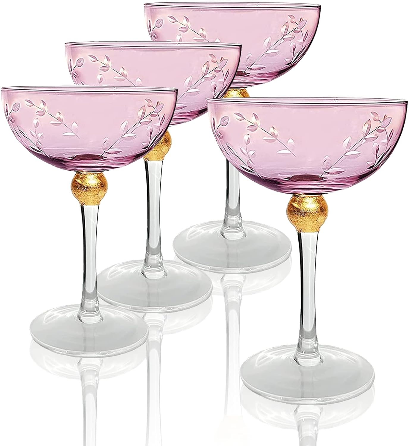 Colored Coupe Art Deco Glasses, Gold | Set of 4 | 8 oz Classic Cocktail Glassware for Champagne, Martini, Manhattan, Sidecar, Crystal Speakeasy Style Goblets Stems (Pink)