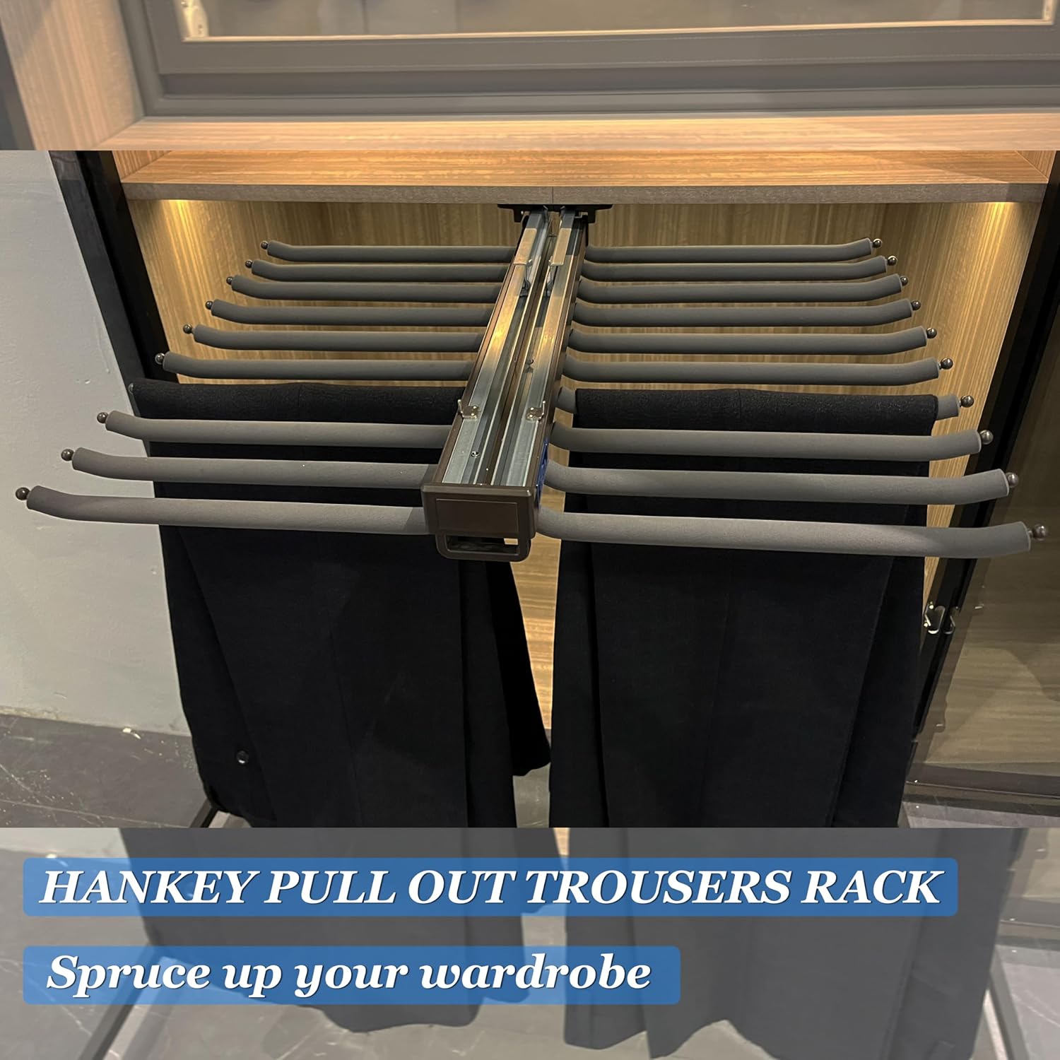 Pull Out Pants Rack-HANKEY Pants Hangers Space Saving, Pants Organizer for Closet, Heavy-Duty Multiple Pants Hangers for Closet with Non-Slip Design, Width 25.2in / 64cm, Grey