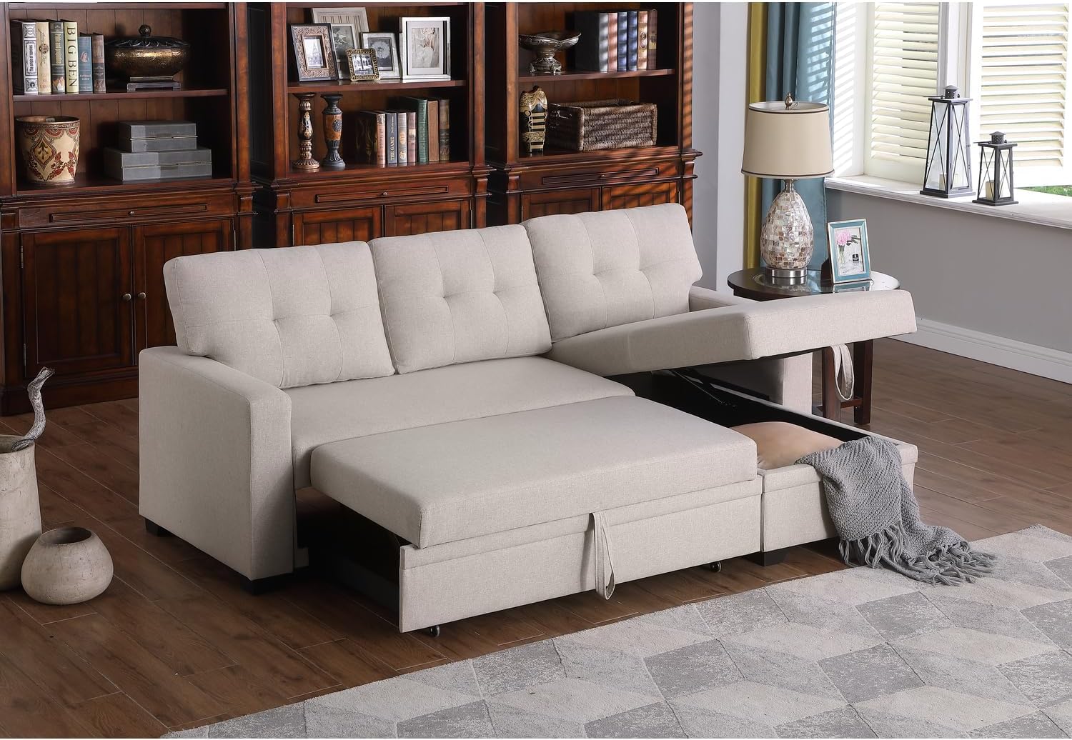 Devion Furniture Polyester Fabric Reversible Sleeper Sectional Sofa-Beige