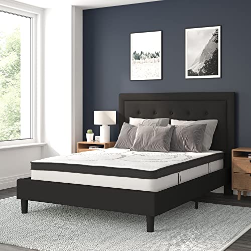 Flash Furniture Roxbury Queen Size Tufted Upholstered Platform Bed in Beige Fabric with 10 Inch CertiPUR-US Certified Pocket Spring Mattress