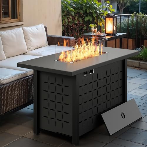 Vongrasig 30 Inch Gas Fire Pit, 50,000 BTU Propane Fire Pits for Outside, Steel Square Fire Table with Lid and Lava Rock, Patio Deck Garden Backyard