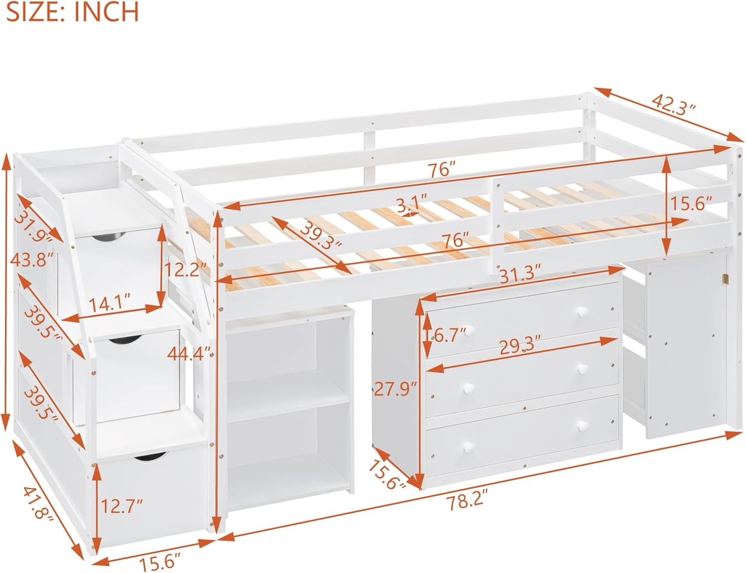Low Loft Bed, Twin Size Wooden Loftbed with Storage Stairs, Shelves, Retractable Writing Desk and 3 Drawers, Twin Loft Bed Frame for Kids Boys Girls Bedroom, Space-Saving, White