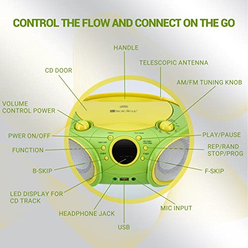 SingingWood NP030AB-YG Portable Karaoke System, Portable CD Player Boombox with Bluetooth for Home AM FM Stereo Radio, Headphone Jack, Portable Karaoke Supported AC or Battery Powered - Green