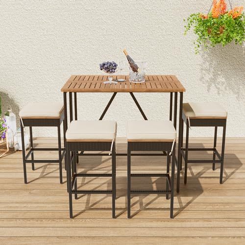 5 Piece Outdoor Acacia Wood Bar Height Four Stools with Cushions, Garden PE Rattan Wicker Table, Foldable Tabletop, High-Dining Bistro, Weather Patio Furniture, 5PC Set, Black +Beige