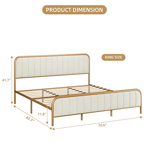 King Size Upholstered Velvet Metal Bed Frame with Tufted Headboard, Modern Platform Bed Frame No Box Spring Needed, Heavy Duty, Easy Assembly, Green Golden