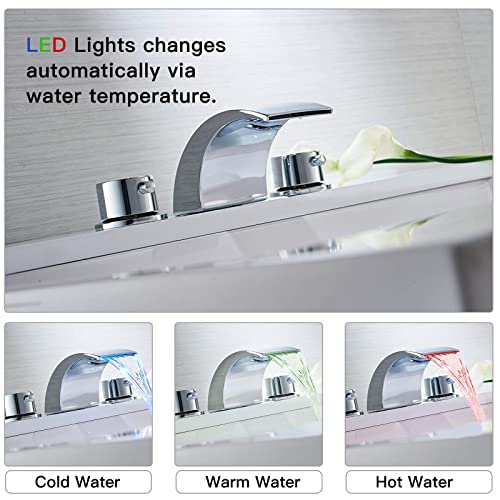 Brushed Nickel Bathroom Faucet Waterfall for Sink 3 Hole 8 Inch Faucet Widespread Vanity Sink Faucet Parts Two Handle Led Bath Tub Mixer Tap Lavatory Faucets Spout Commercial Water Hoses