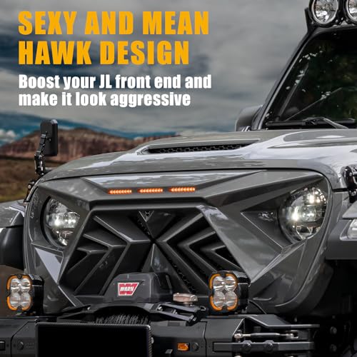 Seven Sparta Front Grill with 3 Amber LED Lights Compatible with 2018-2024 Jeep Wrangler JL JLU Gladiator JT, ABS Mesh Grille Without Camera Hole (Gloss Black)