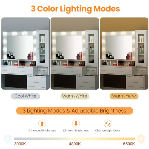 Makeup Vanity Desk with Mirror and Lights, Modern Dressing Table Makeup Vanity Makeup Table with Drawer & 3 Lighting Modes for Women Girls (White with Charging Station)