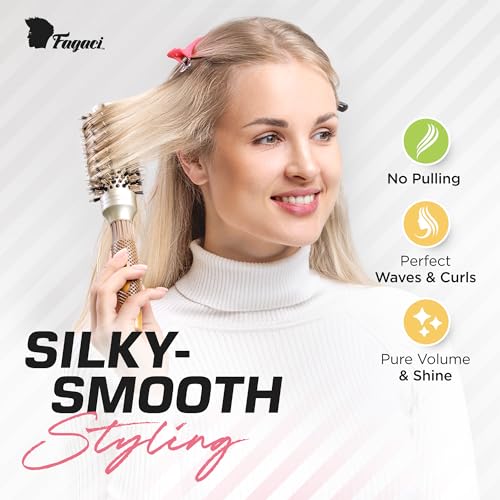 Fagaci Professional Large Round Brush for Blow Drying with Natural Boar Bristle, Round Hair Brush Nano Technology Ceramic+ Ionic for Hair Styling, Drying, Healthy Hair and Add Volume + 4 Styling Clips