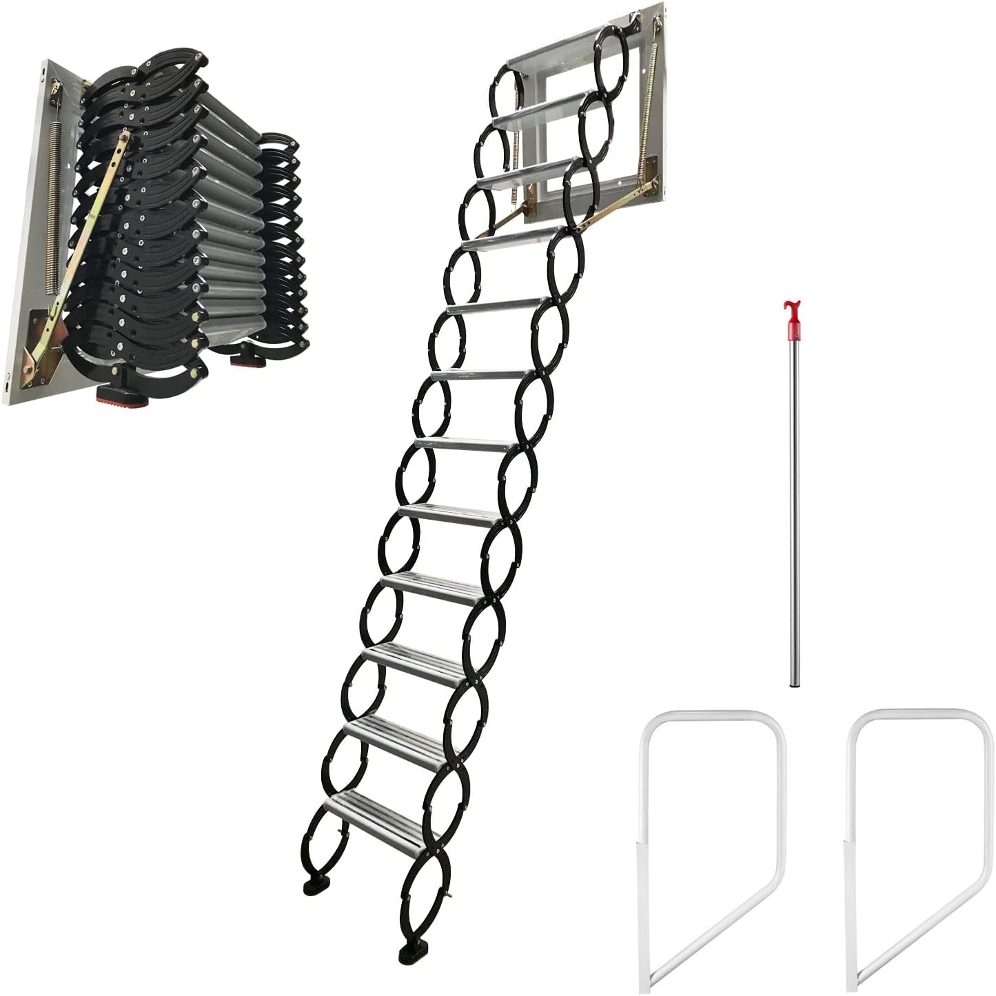 TECHTONGDA Attic Ladder Steps Pull Down 12 Steps Attic Stairs, Attic Access Ladder, Black Wall-mounted Folding Stairs for Attic, Retractable Attic Ladder with Armrests, 9.8 feet Height, Ti-Mg Alloy