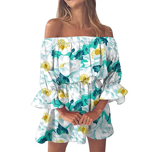 Summer Dresses for Women 2024 Off Shoulder Floral Ruffle Mini Dress Long Sleeve Swing A Line Short Beach Sun Dresses