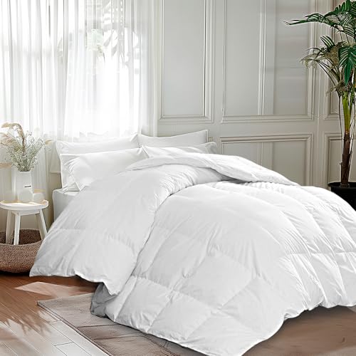 MARTHA STEWART Goose Feather Down Fiber Cotton Comforter Queen Size, Feather Duvet Insert Queen, Hotel Collection Hypoallergenic Comforter 80oz Extra Warmth 90 x 90 Inch White