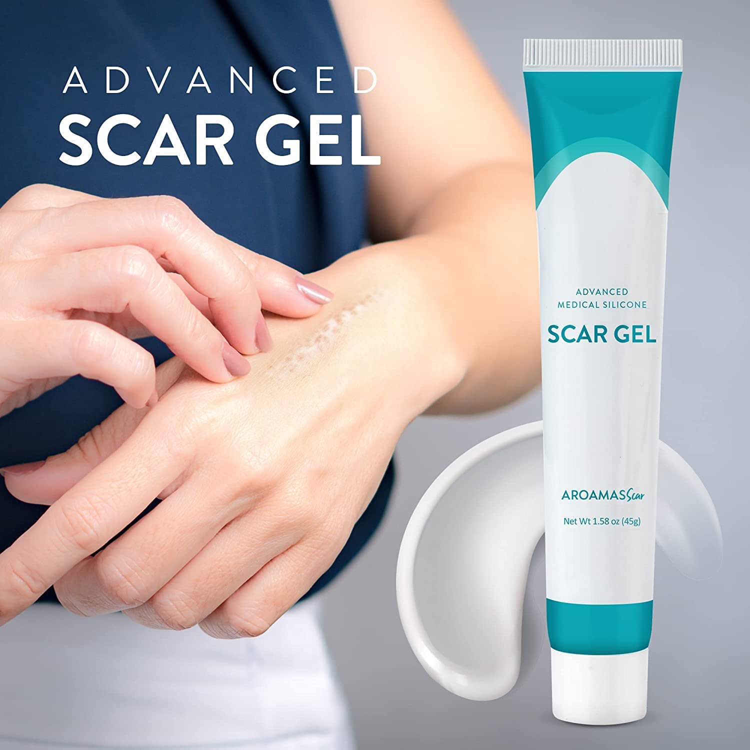 Aroamas Scar Advanced Scar Gel - Medical-Grade Silicone Scar Gel for Surgical Scars, for Face, Scar gel with silicone for Keloids, C-Section, Cosmetic Procedures, Burns, Injuries - 45g